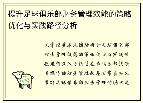 提升足球俱乐部财务管理效能的策略优化与实践路径分析